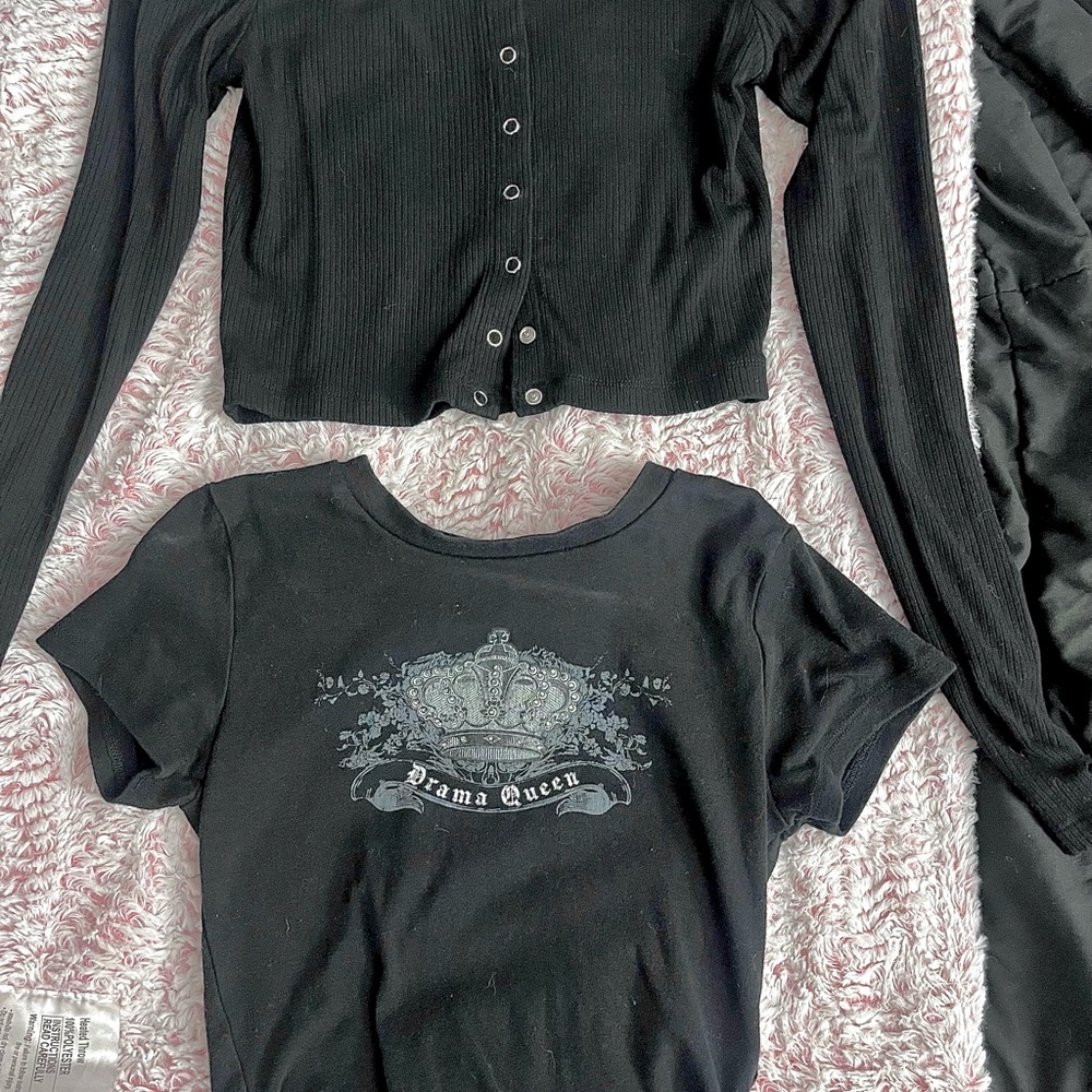 Black Long Sleeve Cardigan and Graphic Tee Set - Garage